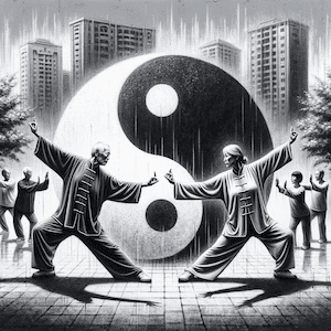 a couple practicing tai chi, showing the link to yin and yang in an artistic way
