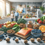 Explore the art of healthy eating for those in their 50s and beyond with this vibrant image, featuring a modern kitchen filled with nutritious foods rich in Omega-3 and antioxidants. Discover a world where salmon, walnuts, spinach, and blueberries blend seamlessly into daily life, symbolizing vitality and wellness in later years.