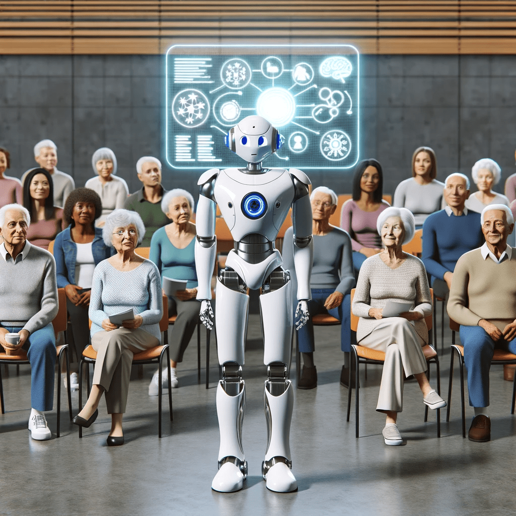 An AI bot stood in front of a classroom of older people explaining generative AI.