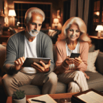 The image portrays an over 50's couple in a modern, cozy lounge. The man, dressed casually, is deeply engrossed in a tablet, his expression one of concentration and curiosity. Beside him, the woman, sporting a warm smile, is engaged with a smartphone, her demeanor suggesting she's enjoying a video call or messaging. The lounge setting is inviting, with plush sofas, decorative cushions, and tasteful decor. A coffee table adorned with books, a lush houseplant, and soft, ambient lighting contribute to the room's homely and comfortable atmosphere, perfectly capturing the essence of a mature couple embracing technology in their daily lives.