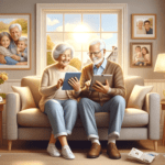 The image depicts an elderly couple sitting together on a cozy sofa in their living room. Each person is holding a digital device – a tablet or smartphone – and they are smiling while engaging with these devices. This scene symbolizes their connection with the digital world. In the background, a large window reveals a sunny day outside, enhancing the warm and welcoming atmosphere of the room. On the wall, there's a family photo featuring children and grandchildren, indicating the family connections maintained through social media. The room is well-lit with soft lighting, and the furnishings are comfortable and inviting.