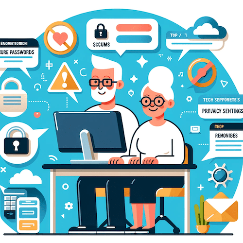 GPT The first image is an educational infographic on online safety for older users. It features a friendly older couple sitting at a computer. Around them are various icons and text bubbles illustrating key aspects of online safety. These include a padlock symbol representing secure passwords, a caution sign for avoiding scams, a privacy screen symbolizing the importance of maintaining privacy settings, and an envelope with a red cross to denote the recognition of spam emails. Additionally, there's an image of a friendly tech support person offering assistance. The color scheme is bright and welcoming, with clear, large text for easy readability