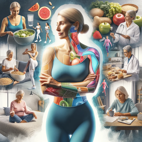 A collage around a contemplative woman over 50. It includes similar scenes of a healthy lifestyle: the woman is participating in yoga and jogging for physical activity, selecting nutritious food options like fruits and grains, sleeping in a restful position, attending a doctor's appointment, and socializing with peers over coffee and board games, emphasizing a comprehensive approach to wellbeing.