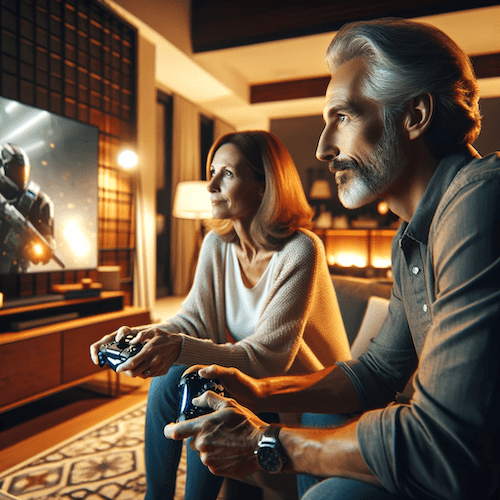 n over-the-shoulder view of a European man and woman, both over 50, sitting in a living room. They are engrossed in a video game, playing on a large screen TV. The gaming console is visible on a table, with controllers in their hands. The room is warmly lit, creating a cozy and inviting atmosphere.