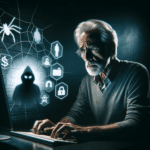 The second image shows an older man seated in a dark office, conveying a sense of menace from the computer he is using. The man appears cautious or concerned as he looks at the screen, which glows ominously, casting a harsh light on his face. Symbolic elements around the computer subtly suggest various online dangers. These include shadowy figures in the background, representing hackers, a spider web in a corner symbolizing a web of deceit, and a phishing hook, indicative of phishing scams. The overall atmosphere of the image is dark and foreboding, emphasizing the potential dangers present in the online world.