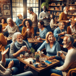 GPT A group of joyful individuals in their 50s and older engaging in lively conversations and board games at a cozy, well-lit coffee shop. The atmosphere is warm and inviting, with cups of coffee and tea, books, and board games on the tables.