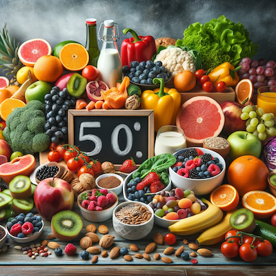 Healthy diet and living with superfoods. A table of healthy foods for an over 50s diet.