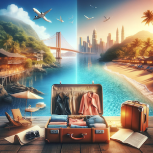 Serene landscape with a gentle river flowing through an ancient forest and a quaint village nestled in rolling hills, symbolizing faraway travel for mature travelers, with a classic suitcase and a well-worn map subtly integrated into the scene.