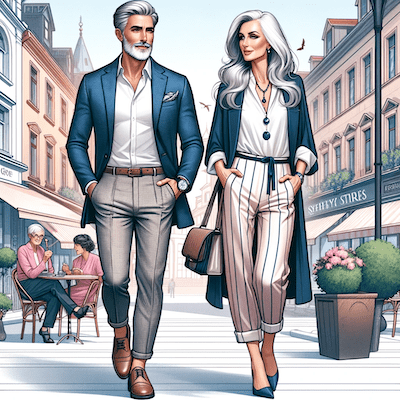 Illustration of a stylish couple in their 50s, confidently walking through a vibrant city street, both dressed in chic, comfortable outfits that epitomize elegance and grace.